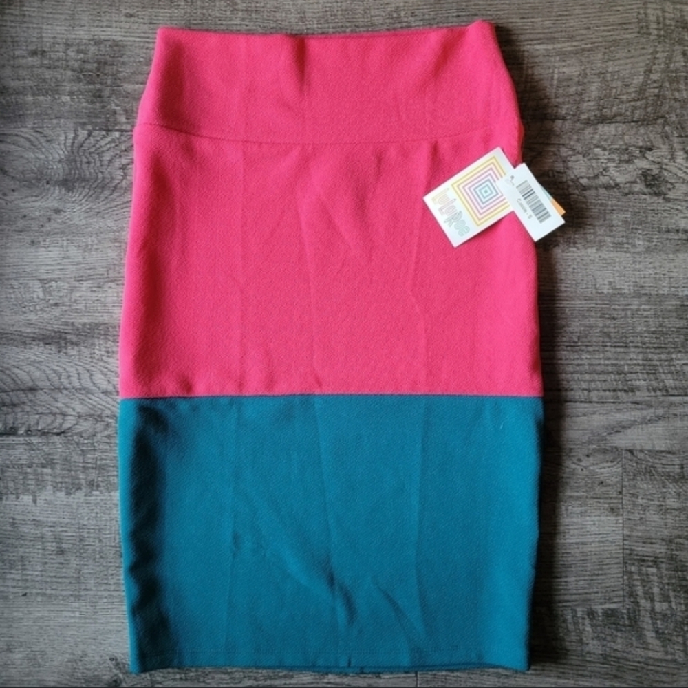 Lularoe Cassie Pencil Skirt Large Hot Pink & Teal Colorblock NWT